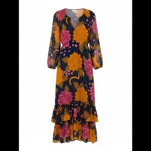 Mud Pie Colleen Navy Maxi Dress with Mustard & Pink Floral Print Size Medium